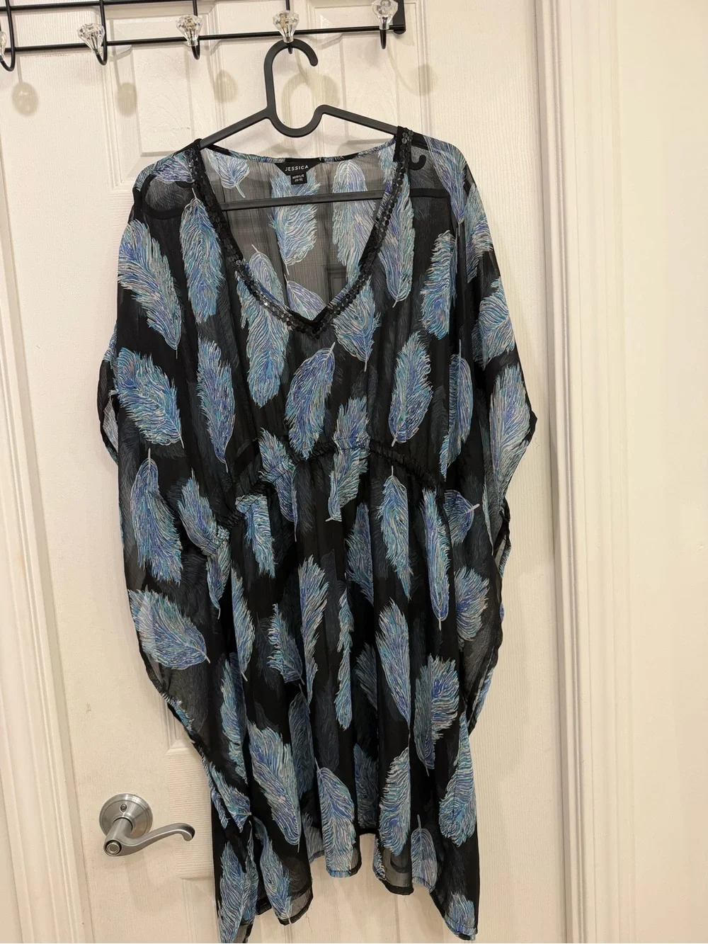 Jessica Black Sheer Cover up with Blue Feather Motif - Picture 3 of 5